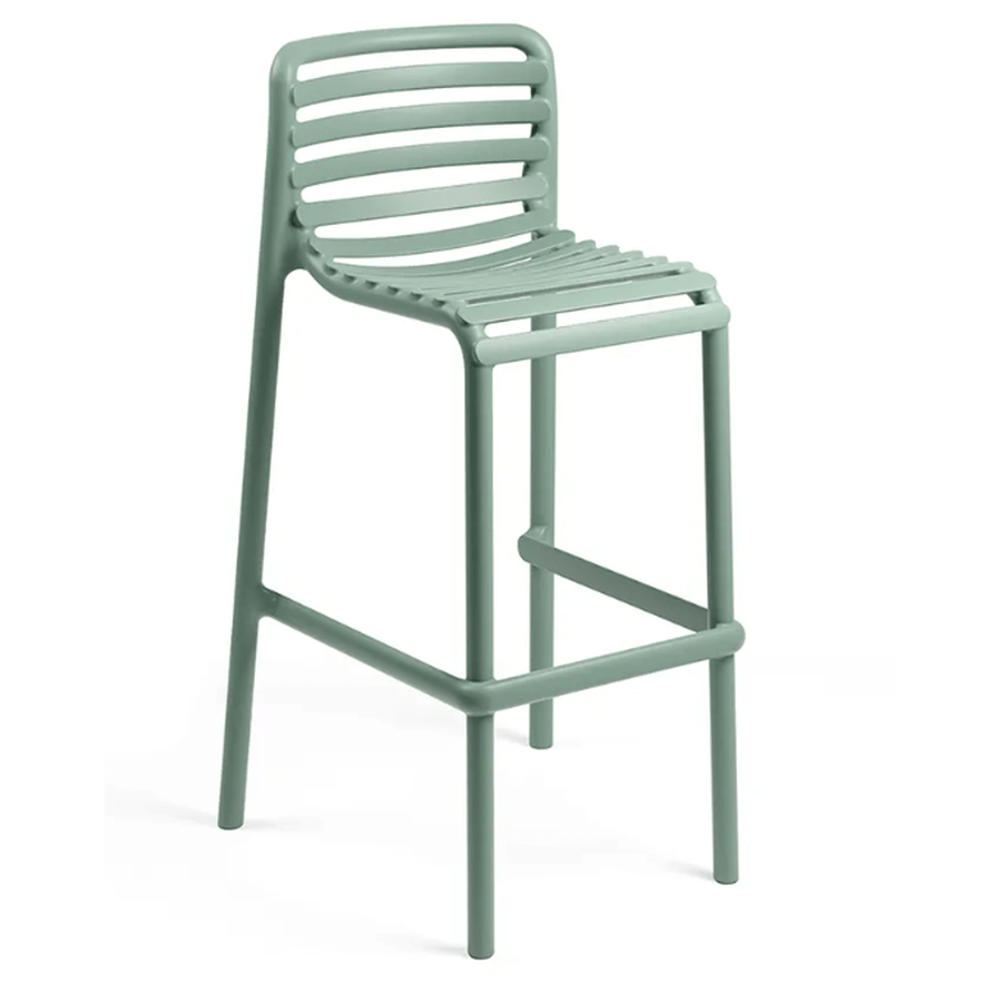Tabouret Doga — tabouret de bar de terrasse à dossier à lattes verticales, assise 75 cm