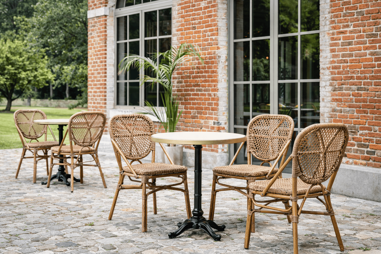 Salon de terrasse pour restaurant avec table ronde et chaises en rotin