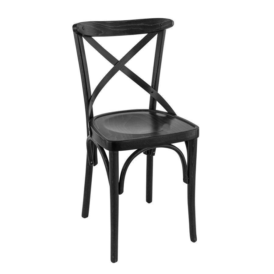 Chaise Aliya — chaise de brasserie en hêtre patiné à dossier en X