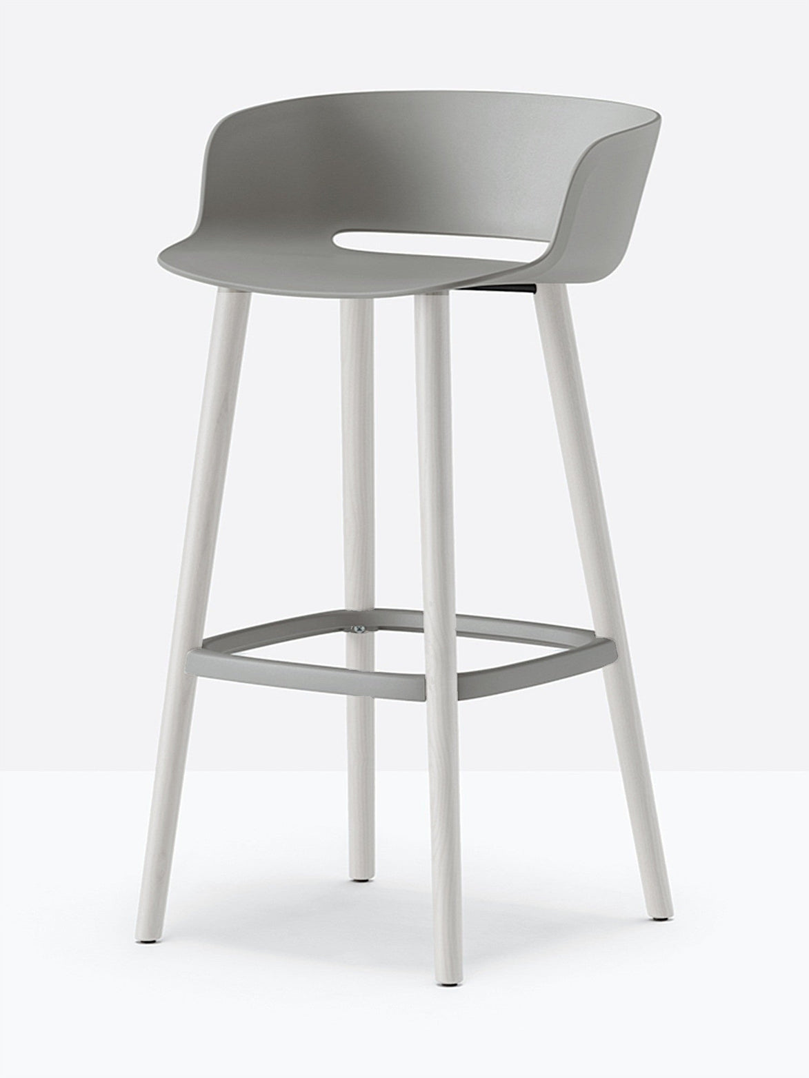 Tabouret de bar Babila pieds bois 2757 / 2758 Pedrali, coque gris, pieds blancs