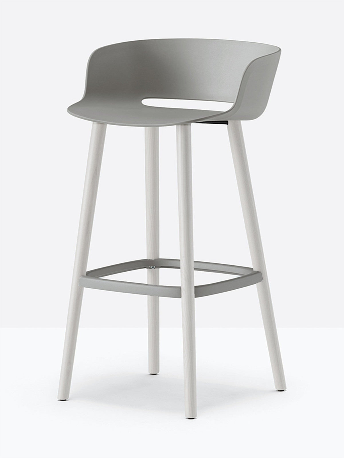 Tabouret de bar Babila pieds bois 2757 / 2758 Pedrali, coque gris, pieds blancs