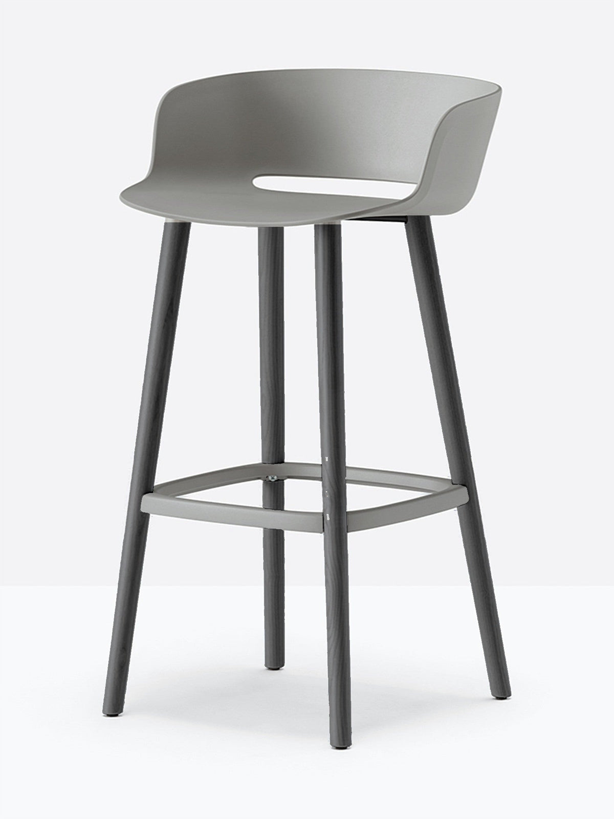Tabouret de bar Babila pieds bois 2757 / 2758 Pedrali, coque gris, pieds noirs