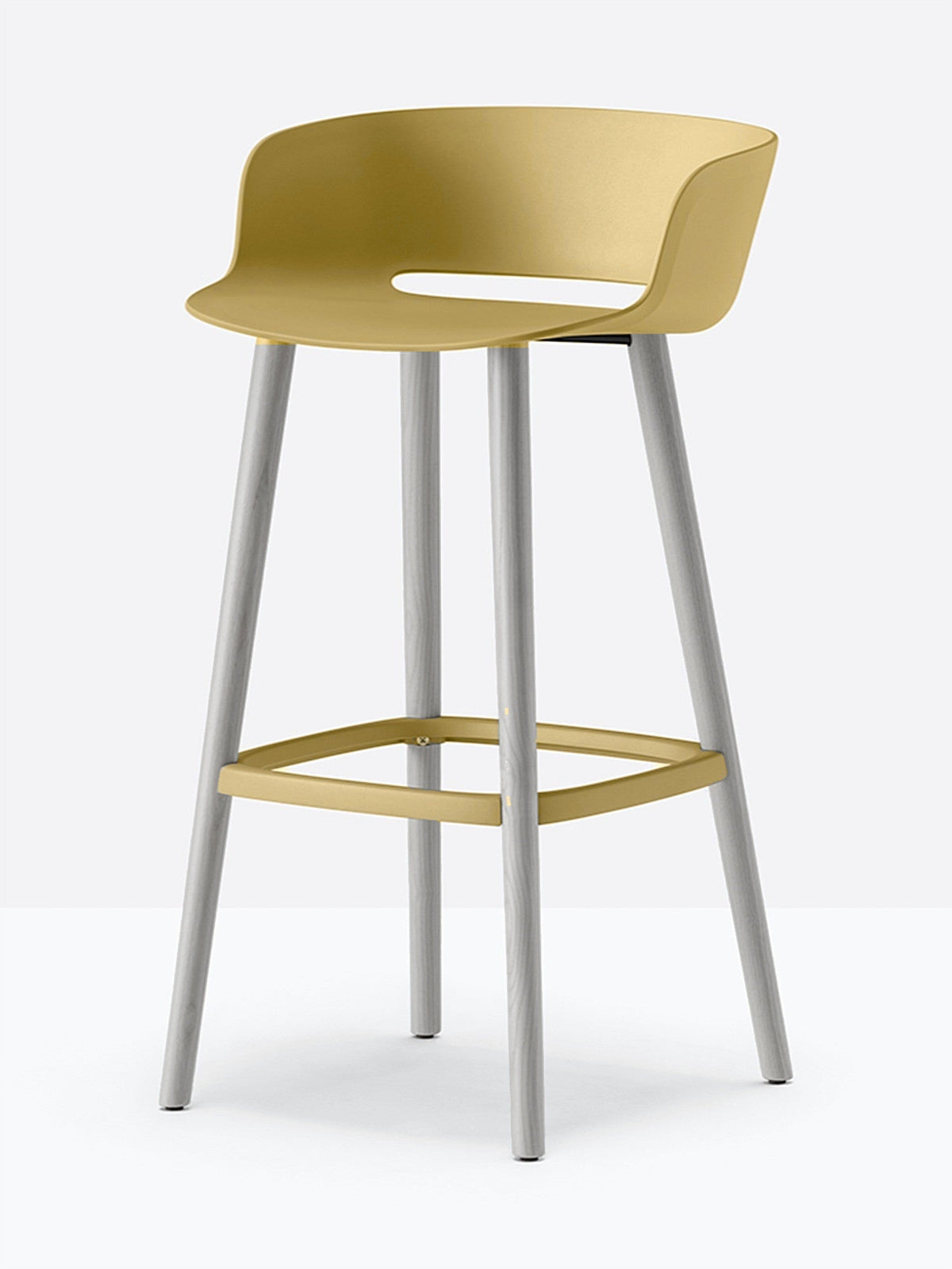 Tabouret de bar Babila pieds bois 2757 / 2758 Pedrali, coque jaune moutarde, pieds gris clair
