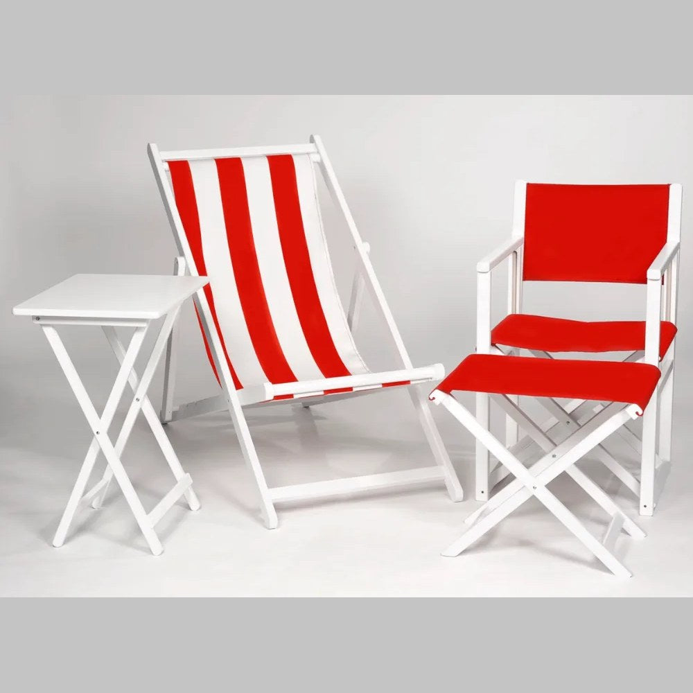 Chilienne à accoudoirs laquée blanc, toile rayée rouge, avec fauteuil metteur en scène