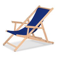 Chilienne Biarritz à accoudoirs — vernis naturel, toile Bleu roi 007