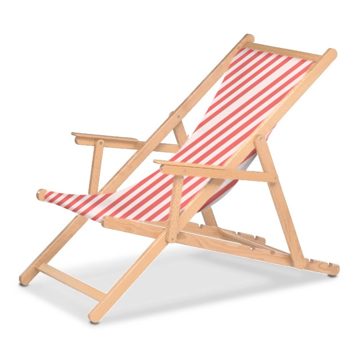 Chilienne Biarritz à accoudoirs — vernis naturel, toile Rayé blanc rouge 028