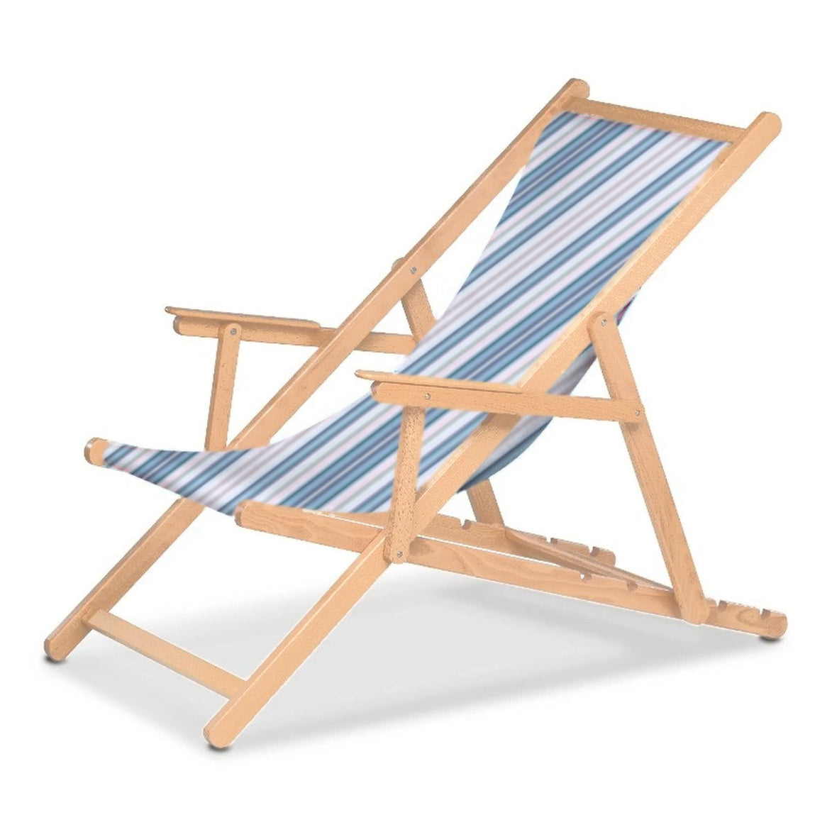 Chilienne Biarritz à accoudoirs — vernis naturel, toile Rayé multicolore bleu 153