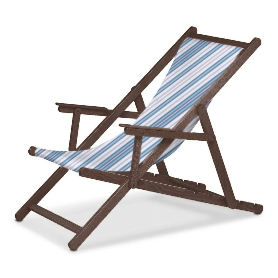 Chilienne Biarritz à accoudoirs — vernis noyer, toile Rayé multicolore bleu 153
