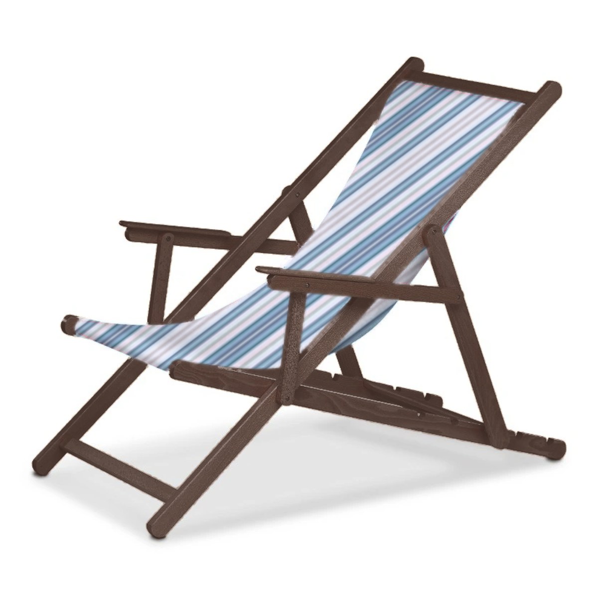 Chilienne Biarritz à accoudoirs — vernis noyer, toile Rayé multicolore bleu 153