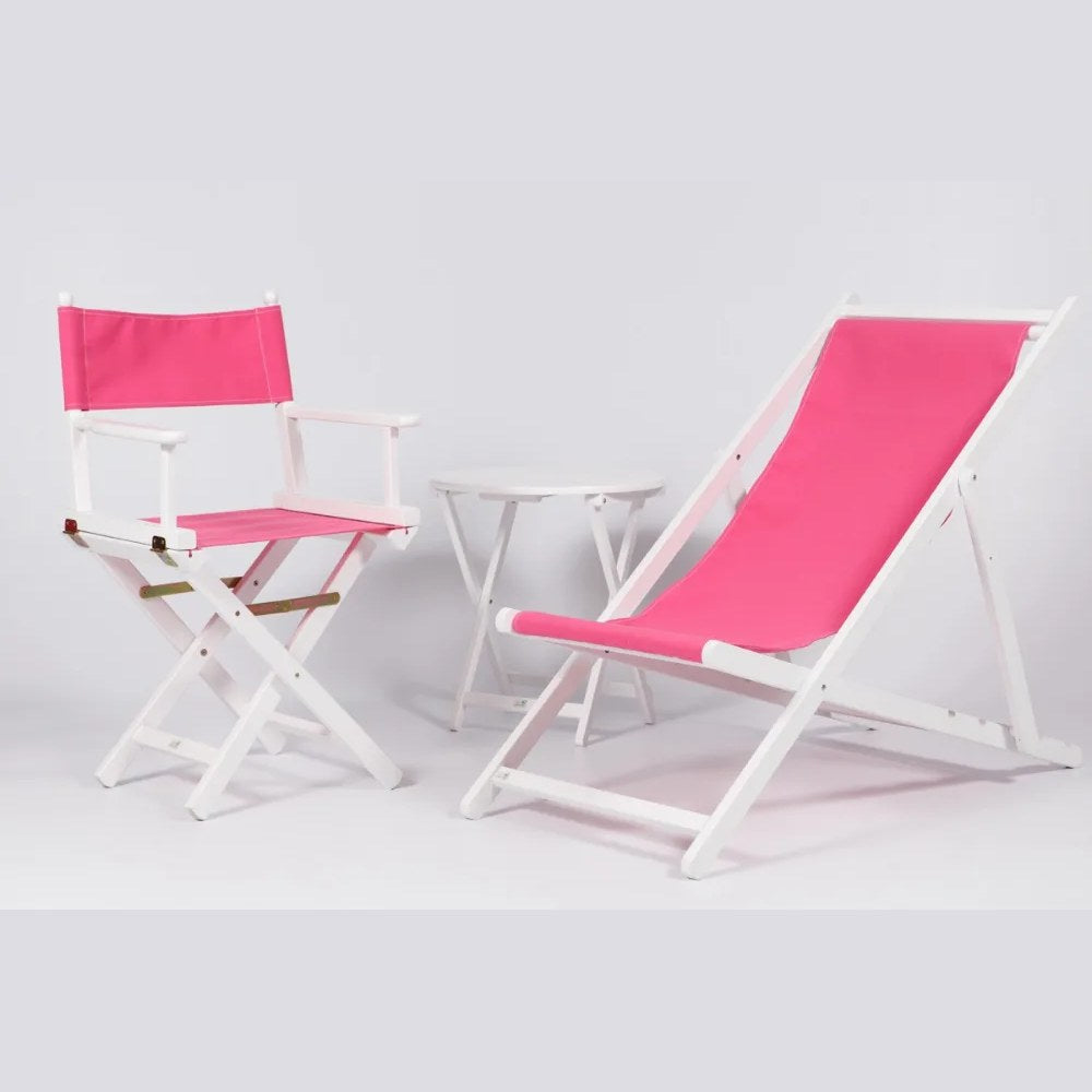 Chilienne laquée blanc toile rose avec fauteuil metteur en scène