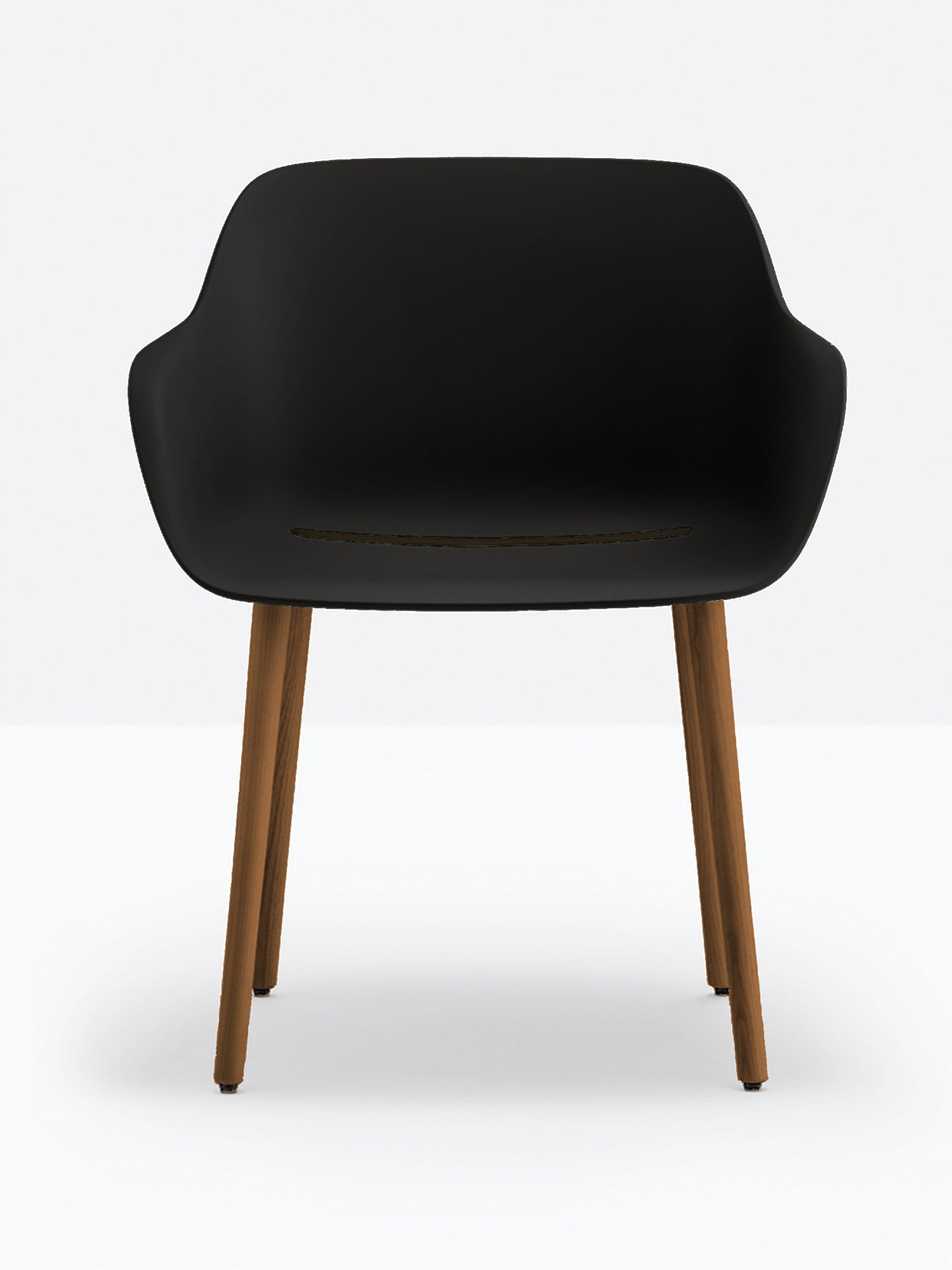 Fauteuil Babila XL pieds bois 2754 Pedrali, coque noire, pieds noyer