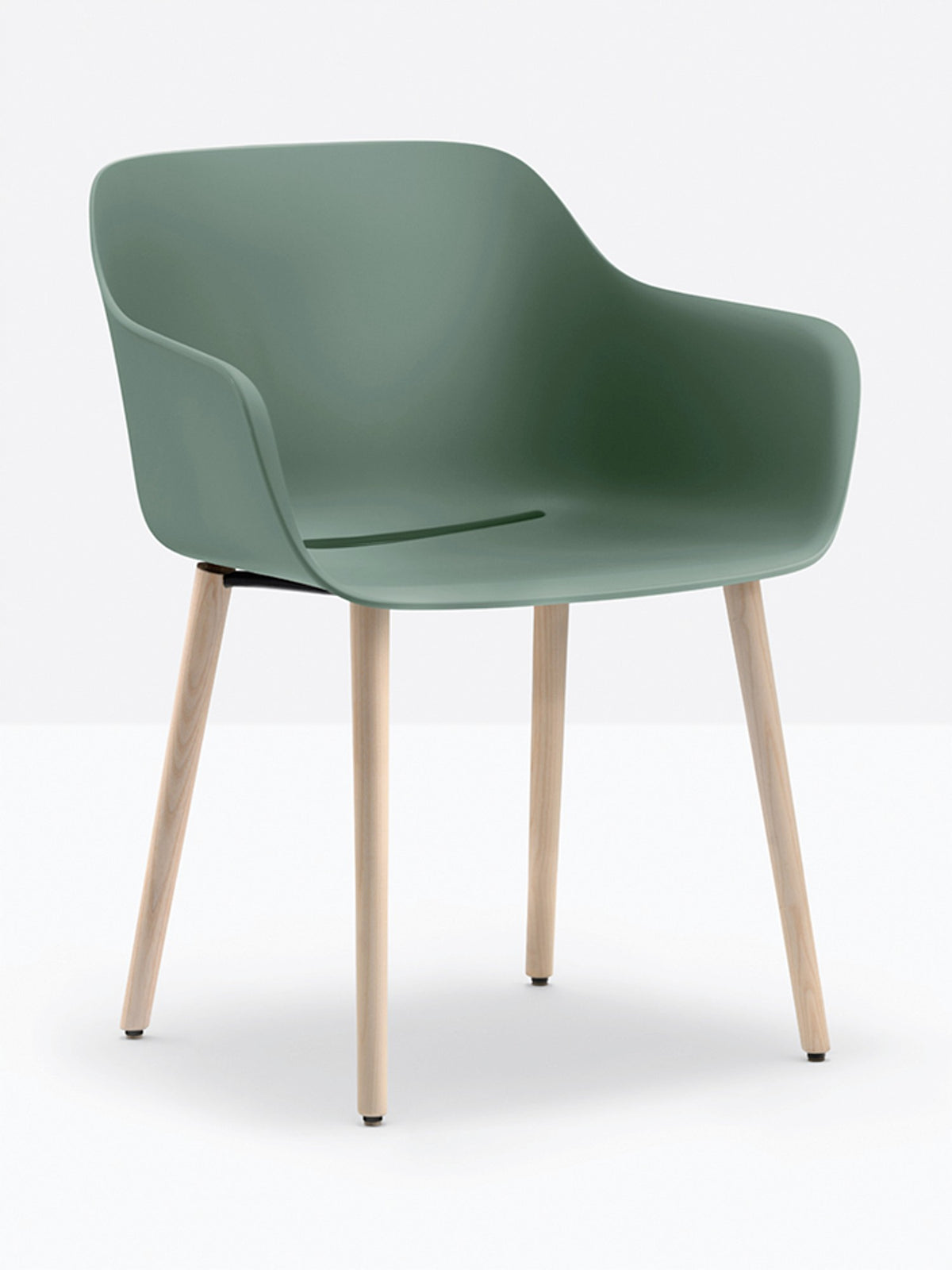 Fauteuil Babila XL pieds bois 2754 Pedrali, coque vert sauge, pieds frêne naturel