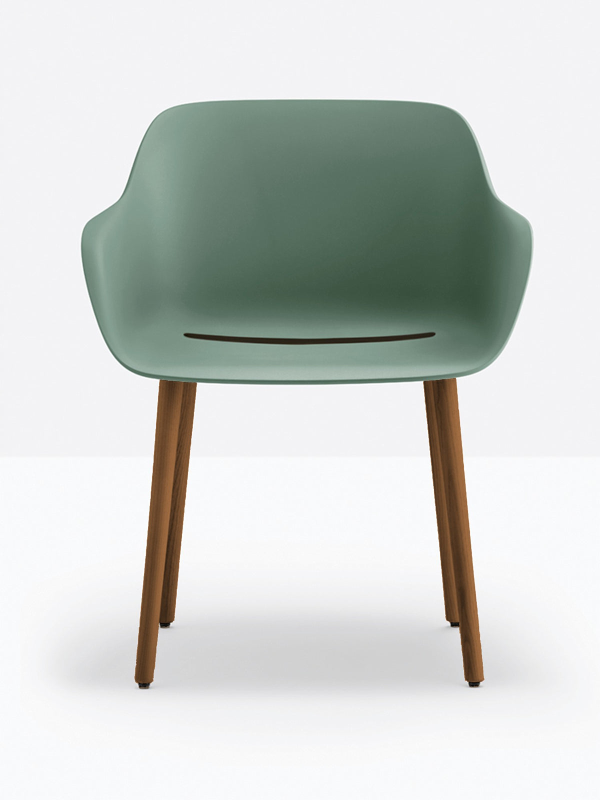 Fauteuil Babila XL pieds bois 2754 Pedrali, coque vert sauge, pieds noyer