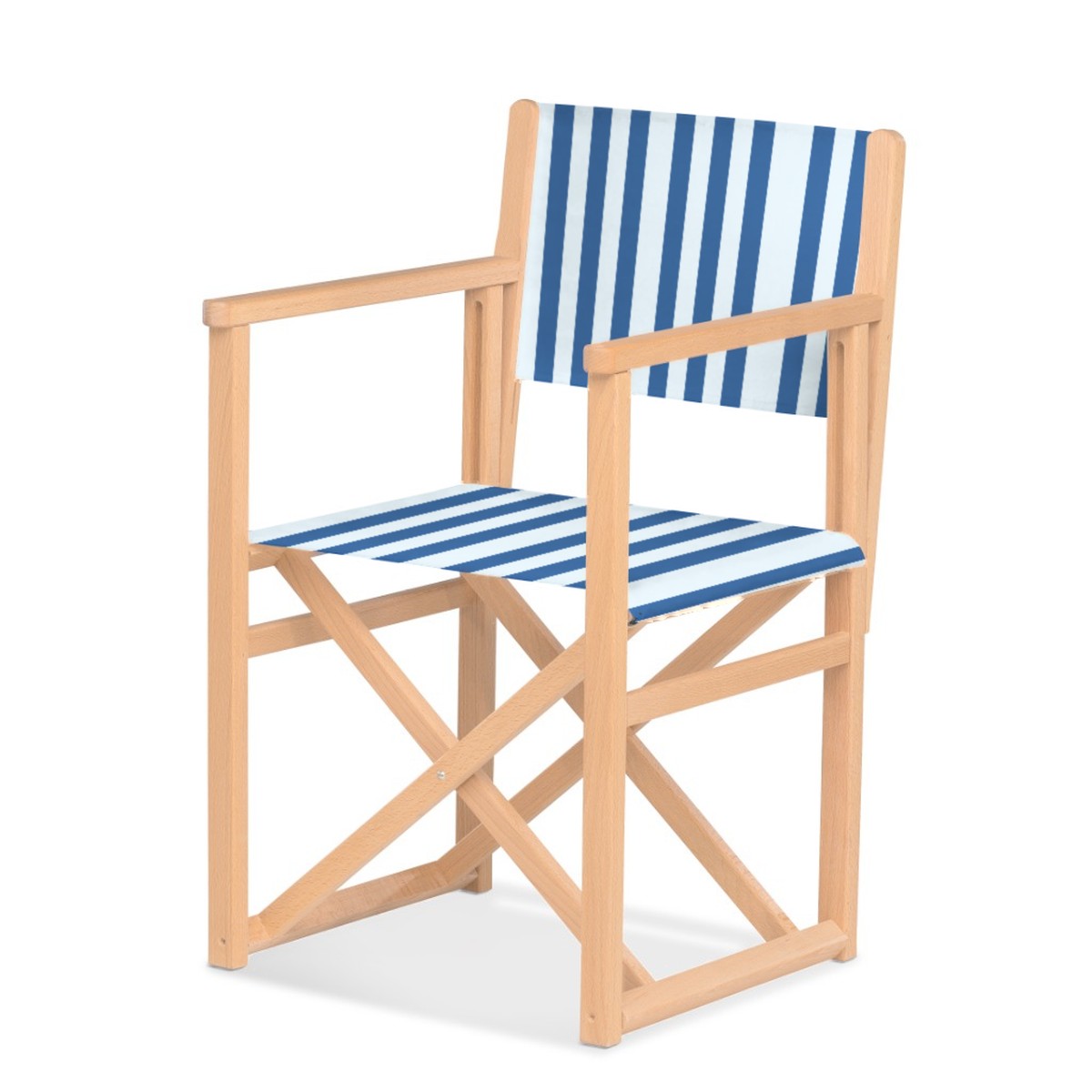 Fauteuil metteur en scène Mallorca — vernis naturel, toile Rayé blanc bleu 012