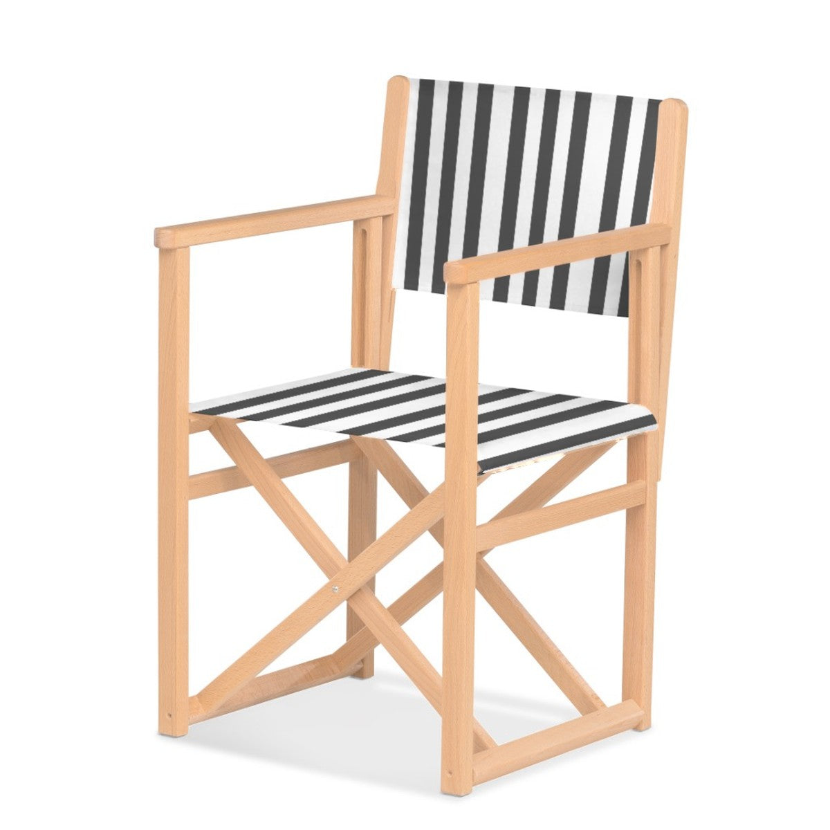 Fauteuil metteur en scène Mallorca — vernis naturel, toile Rayé blanc noir 014