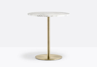 Table de bistrot avec plateau rond en marbre Bianco Carrara sur pied laiton