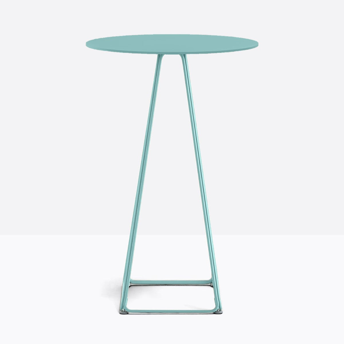 Table complète mange-debout ronde Lunar Pedrali — plateau acier et piètement de bar fil d'acier coloris Bleu ciel AZ100