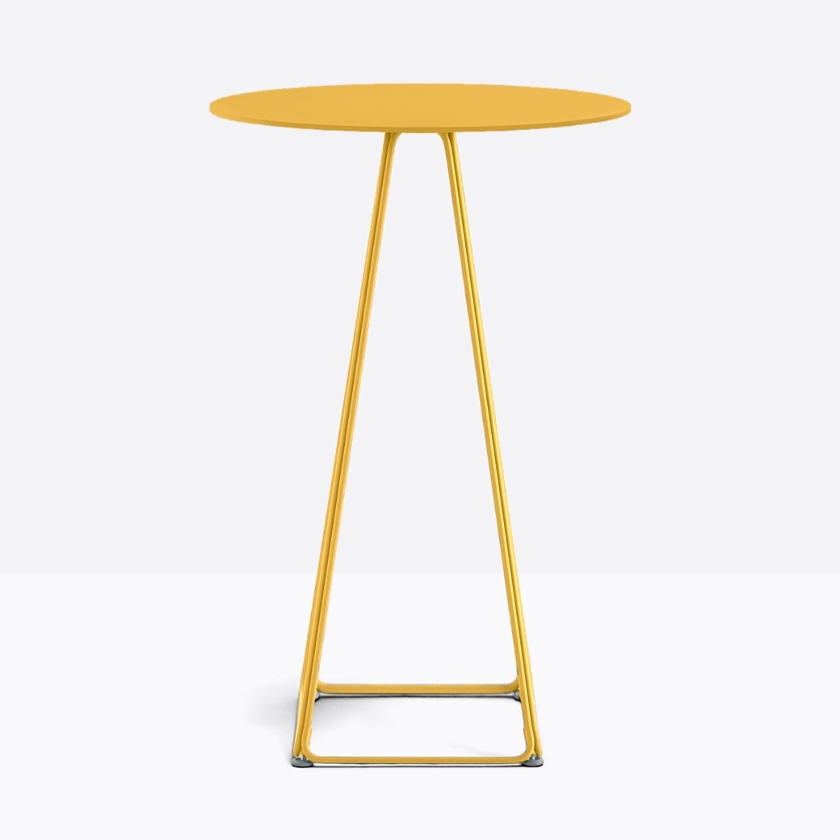 Table complète mange-debout ronde Lunar Pedrali — plateau acier et piètement de bar fil d'acier coloris Jaune moutarde GI100