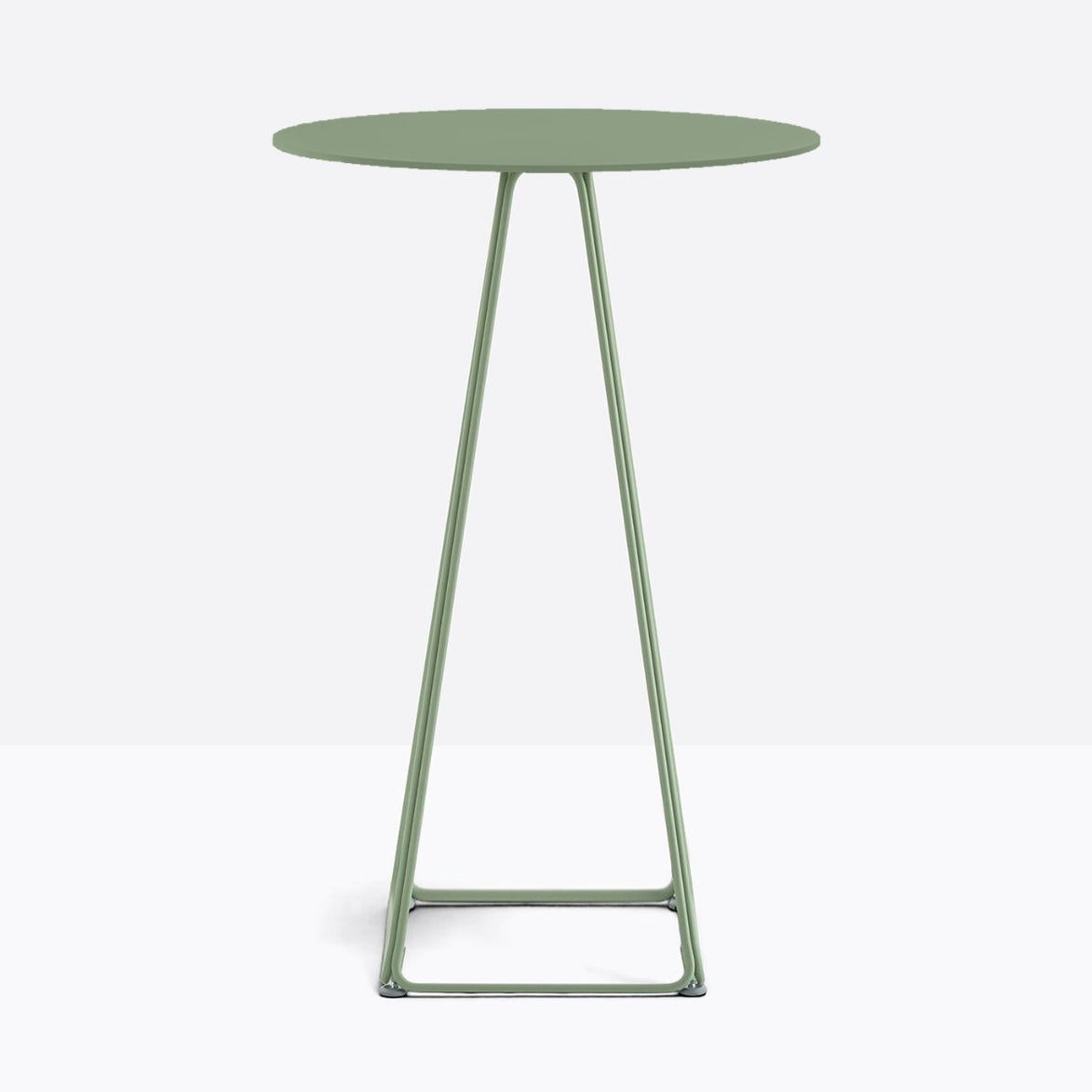 Table complète mange-debout ronde Lunar Pedrali — plateau acier et piètement de bar fil d'acier coloris Vert sauge VE100