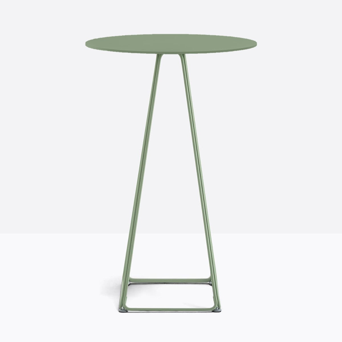 Table complète mange-debout ronde Lunar Pedrali — plateau acier et piètement de bar fil d'acier coloris Vert sauge VE100