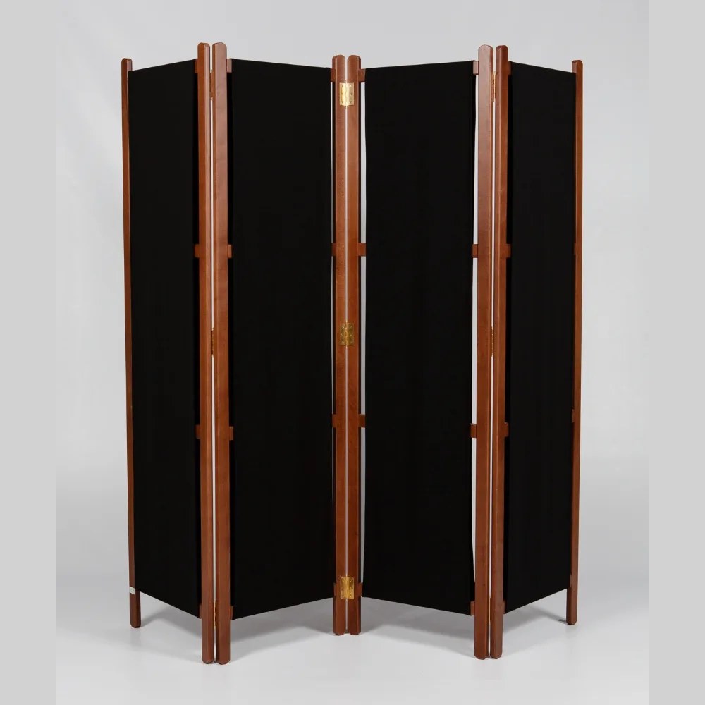 Paravent 4 panneaux toile noire, bois teinté
