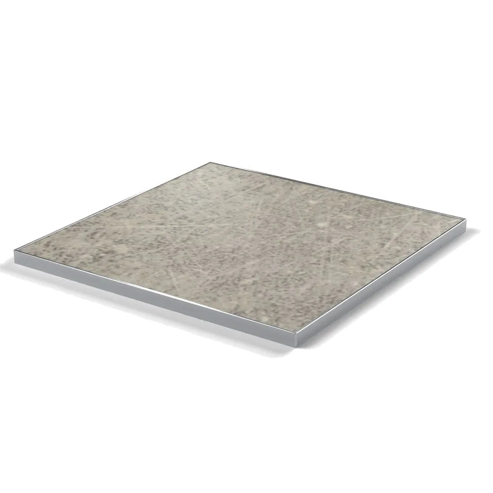 Plateau cadre inox Deauville carré 27 mm — décor Béton Griffé, cadre inox poli