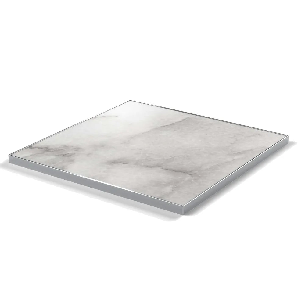 Plateau cadre inox Deauville carré 27 mm — décor Marbre Veneto, cadre inox poli