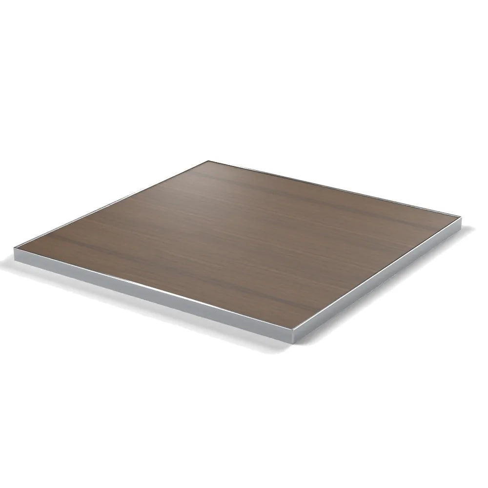 Plateau cadre inox Deauville carré 27 mm — décor Noisetier Brun, cadre inox poli