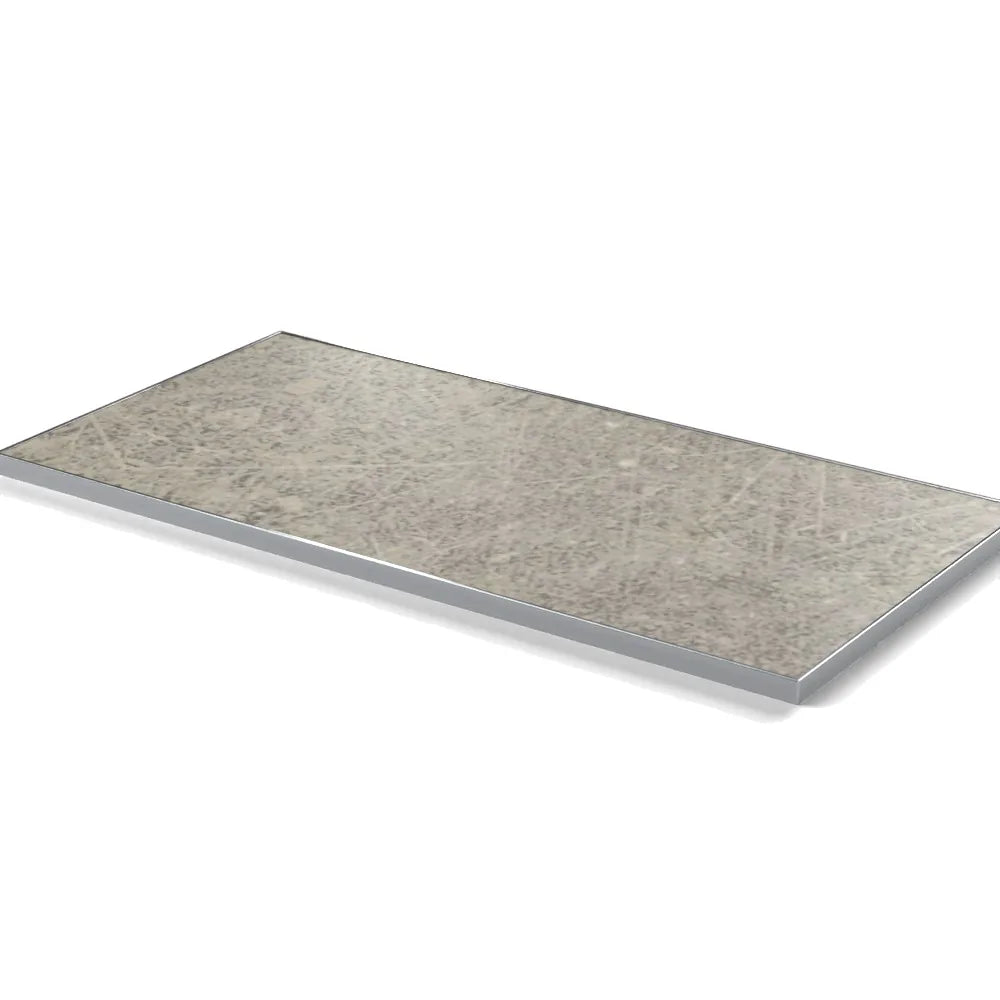 Plateau cadre inox Deauville rectangulaire 27 mm — décor Béton Griffé, cadre inox poli