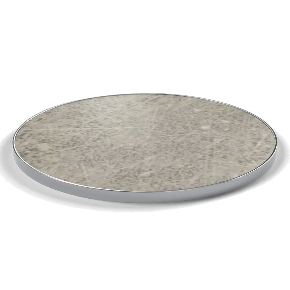 Plateau cerclage inox Deauville rond 27 mm — décor Béton Griffé, cerclage inox poli
