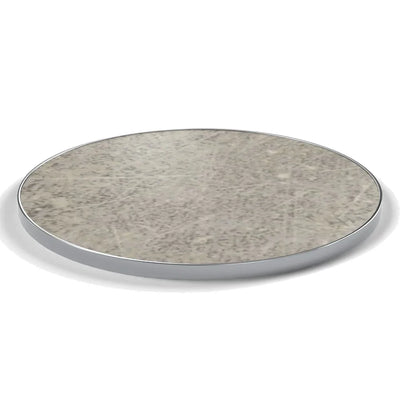 Plateau cerclage inox Deauville rond 27 mm — décor Béton Griffé, cerclage inox poli