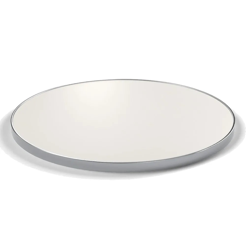 Plateau cerclage inox Deauville rond 27 mm — décor Bianco Ghiaccio, cerclage inox poli