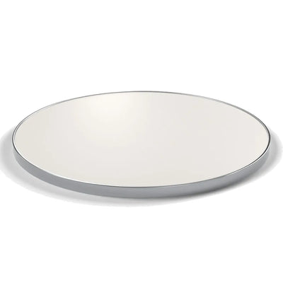 Plateau cerclage inox Deauville rond 27 mm — décor Bianco Ghiaccio, cerclage inox poli