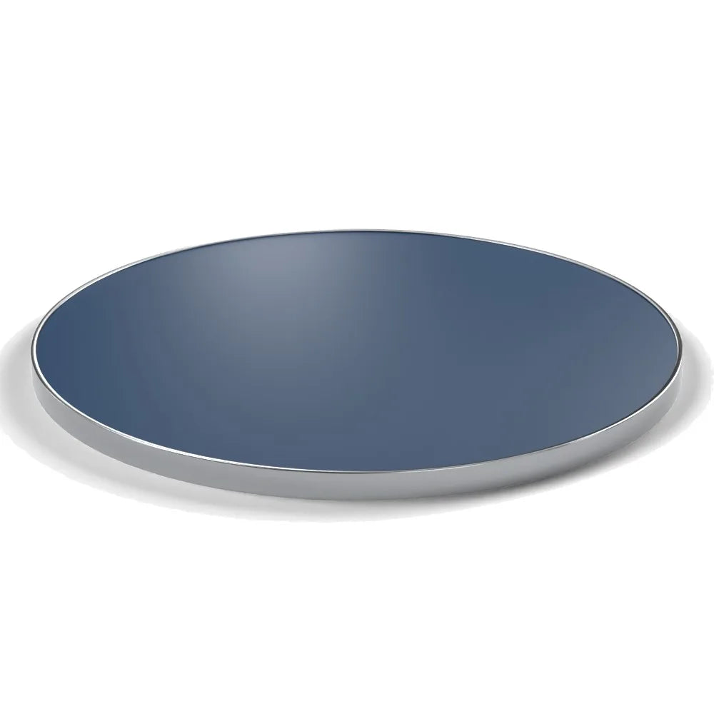 Plateau cerclage inox Deauville rond 27 mm — décor Bleu Velvet, cerclage inox poli