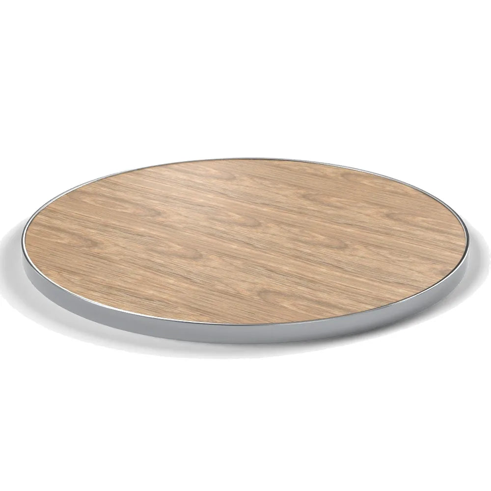Plateau cerclage inox Deauville rond 27 mm — décor Chêne Vendôme, cerclage inox poli