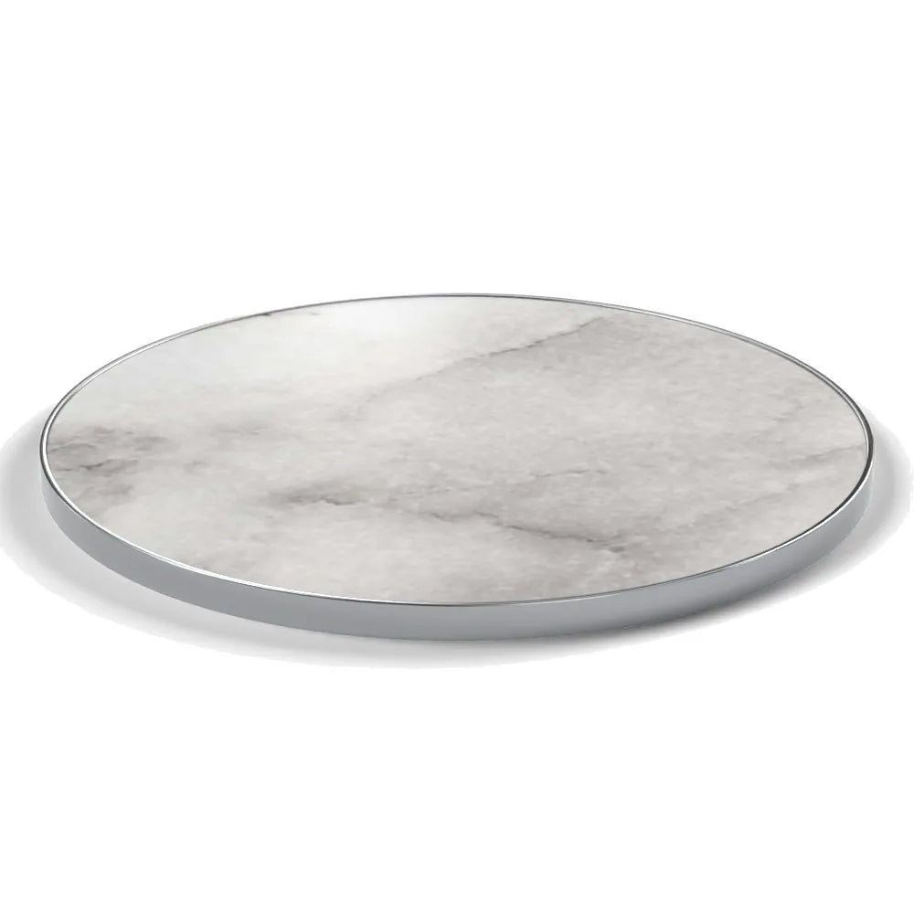 Plateau cerclage inox Deauville rond 27 mm — décor Marbre Veneto, cerclage inox poli