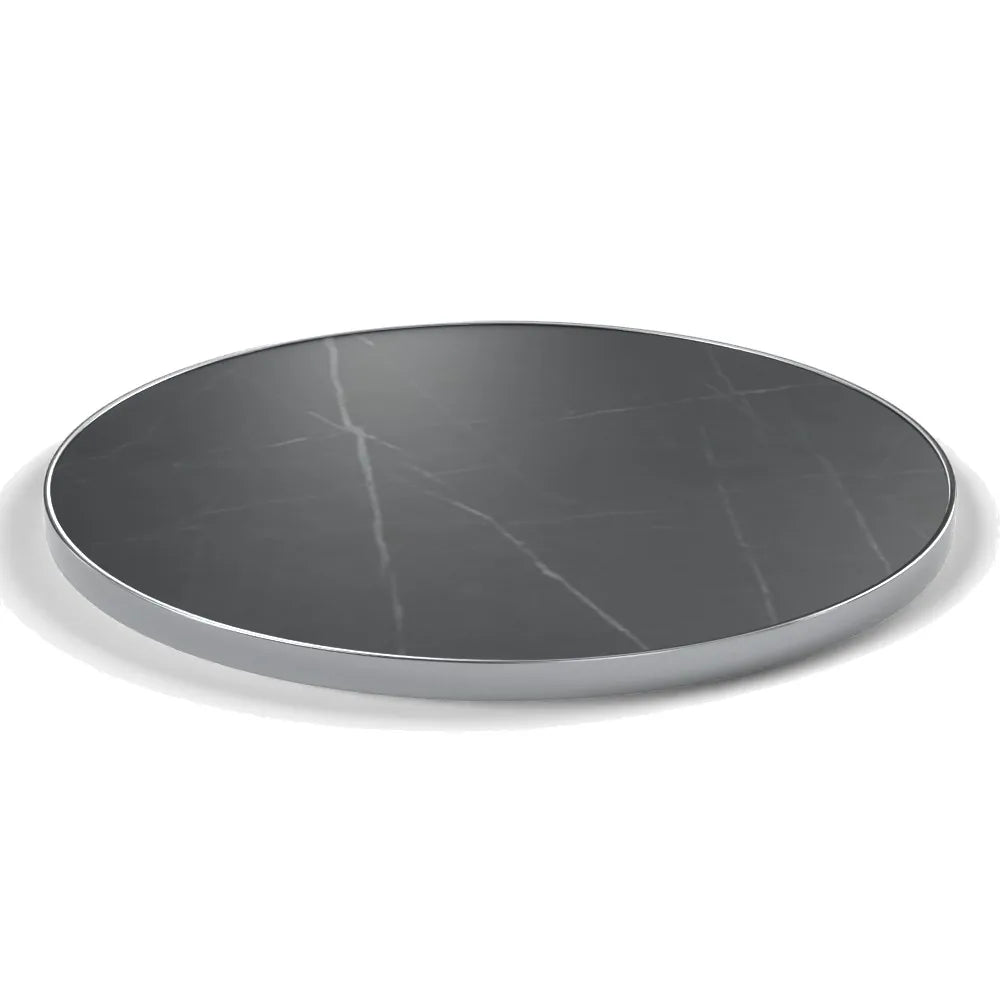 Plateau cerclage inox Deauville rond 27 mm — décor Nero Grafite, cerclage inox poli