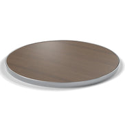 Plateau cerclage inox Deauville rond 27 mm — décor Noisetier Brun, cerclage inox poli