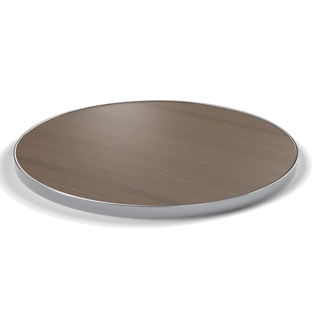 Plateau cerclage inox Deauville rond 27 mm — décor Noisetier Brun, cerclage inox poli