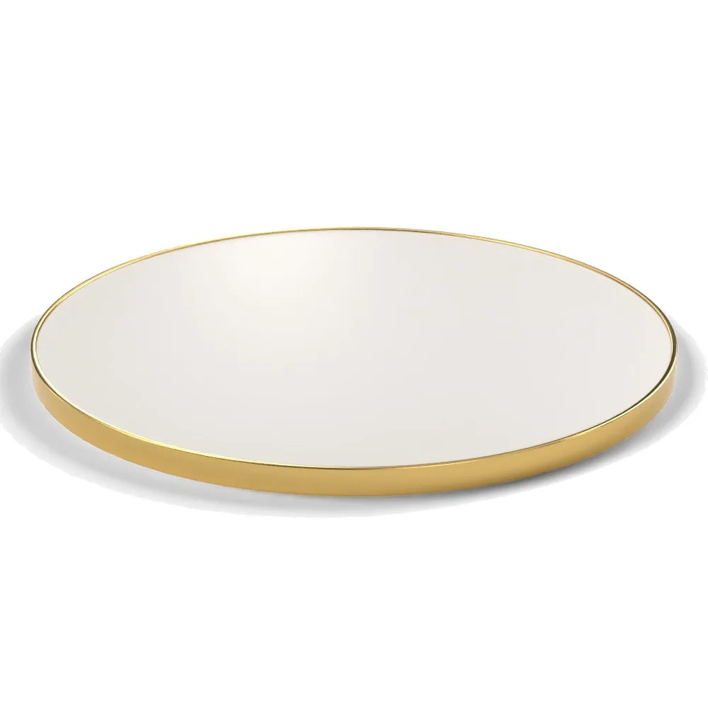 Plateau cerclage laiton Riviera rond 27 mm — décor Bianco Ghiaccio, cerclage laiton lisse