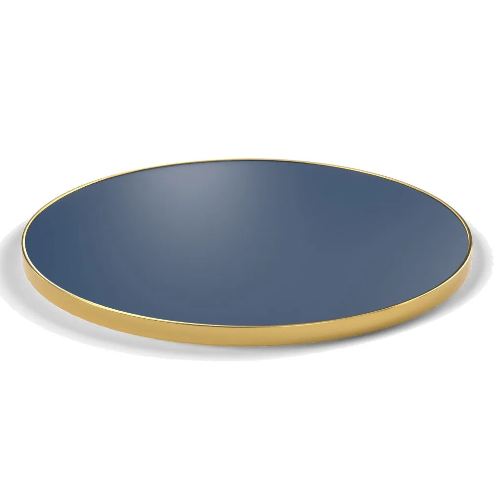 Plateau cerclage laiton Riviera rond 27 mm — décor Bleu Velvet, cerclage laiton lisse