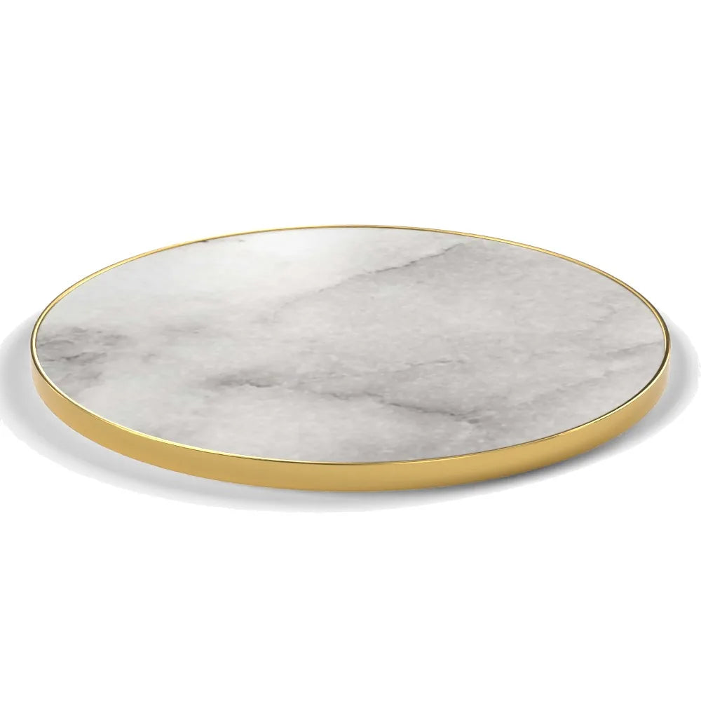 Plateau cerclage laiton Riviera rond 27 mm — décor Marbre Veneto, cerclage laiton lisse