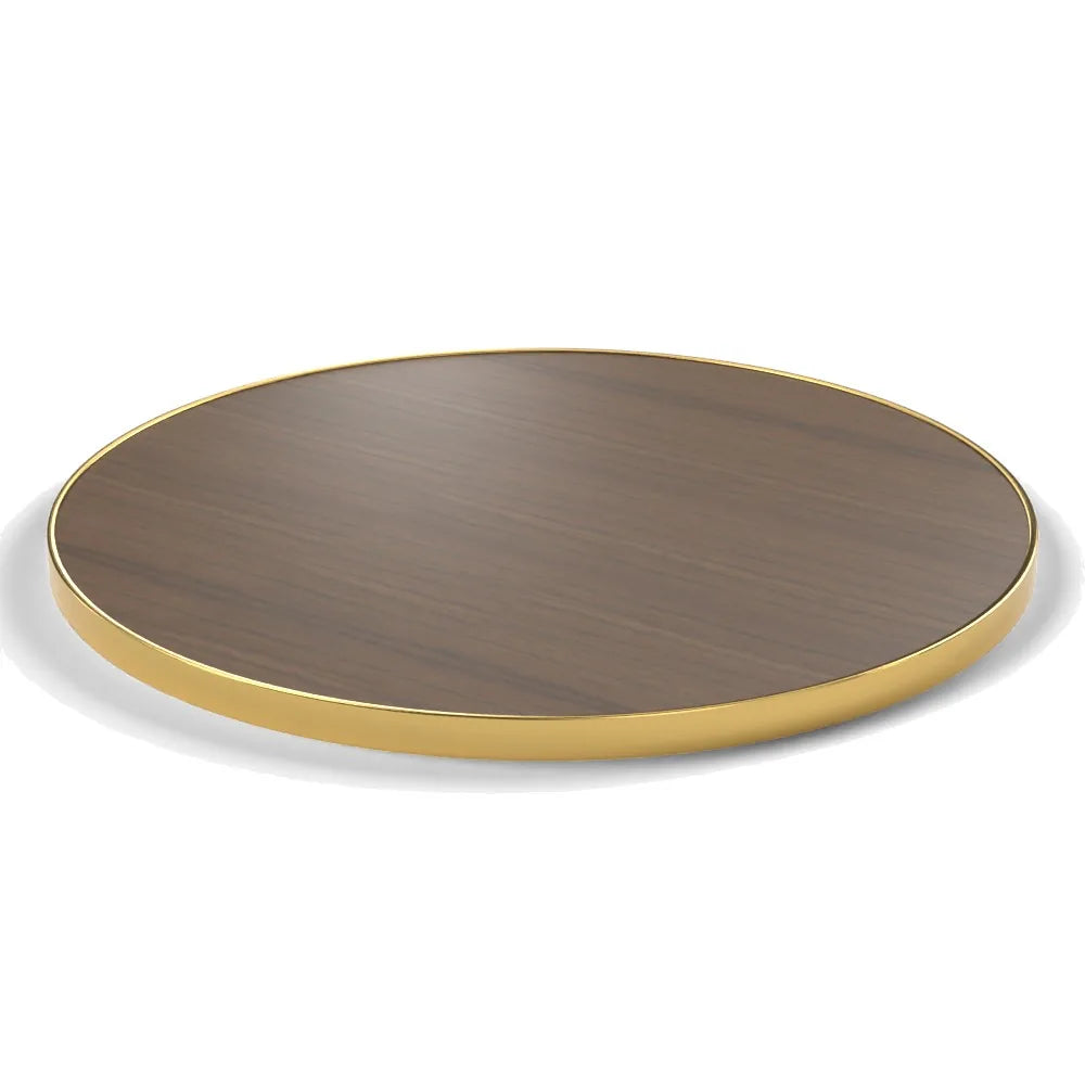 Plateau cerclage laiton Riviera rond 27 mm — décor Noisetier Brun, cerclage laiton lisse