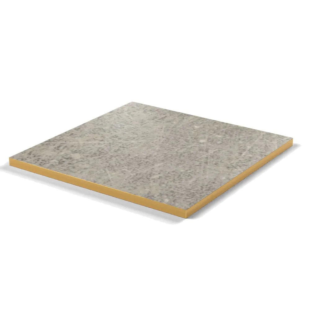 Plateau stratifié Brasserie carré 28 mm — décor Béton Griffé, chant PVC effet laiton