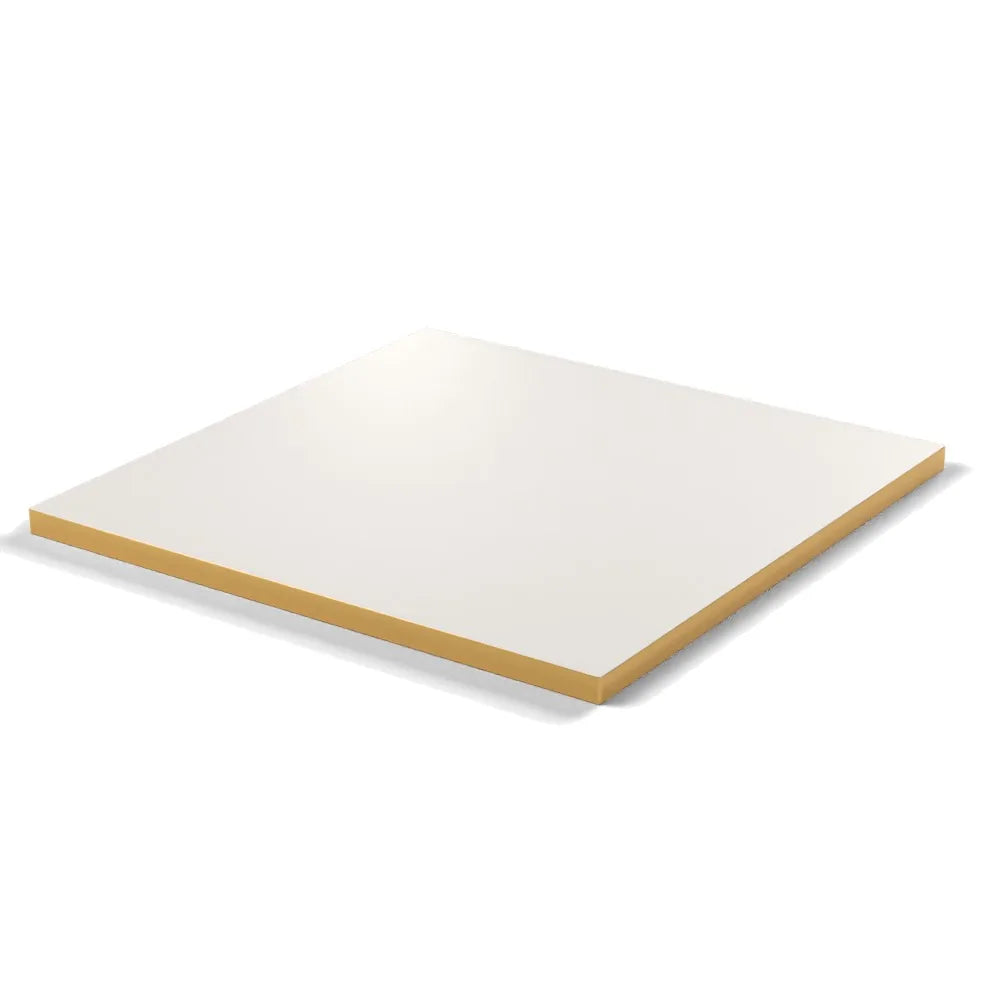 Plateau stratifié Brasserie carré 28 mm — décor Bianco Ghiaccio, chant PVC effet laiton