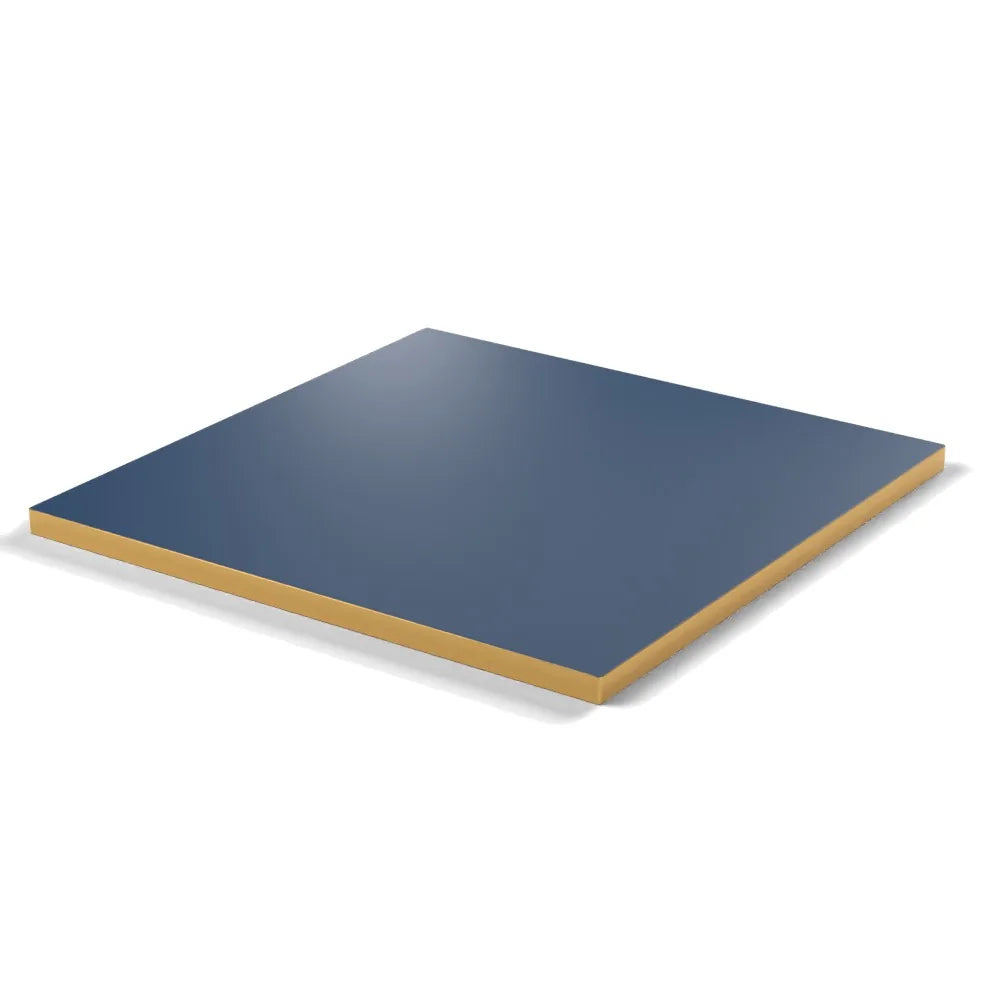 Plateau stratifié Brasserie carré 28 mm — décor Bleu Velvet, chant PVC effet laiton