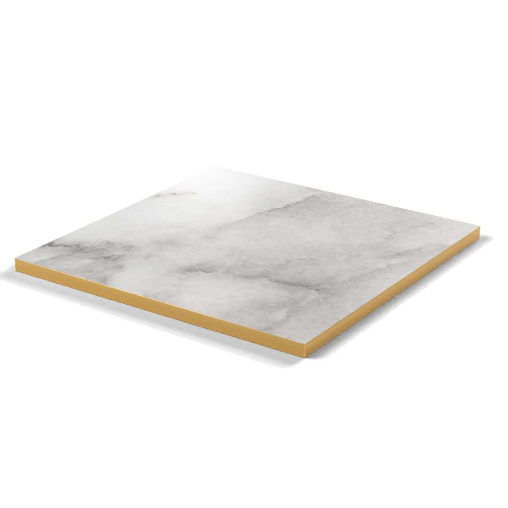 Plateau stratifié Brasserie carré 28 mm — décor Marbre Veneto, chant PVC effet laiton