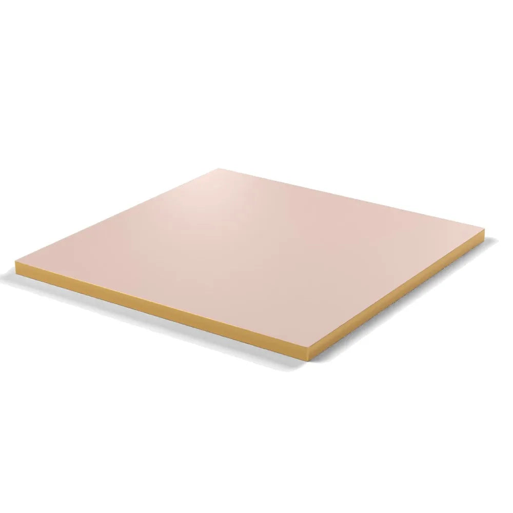 Plateau stratifié Brasserie carré 28 mm — décor Rose Givré, chant PVC effet laiton