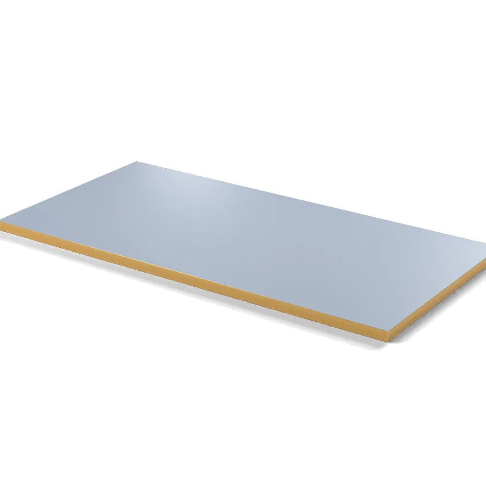 Plateau stratifié Brasserie rectangulaire 28 mm — décor Bleu Oslo, chant PVC effet laiton