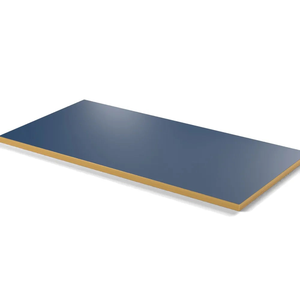 Plateau stratifié Brasserie rectangulaire 28 mm — décor Bleu Velvet, chant PVC effet laiton